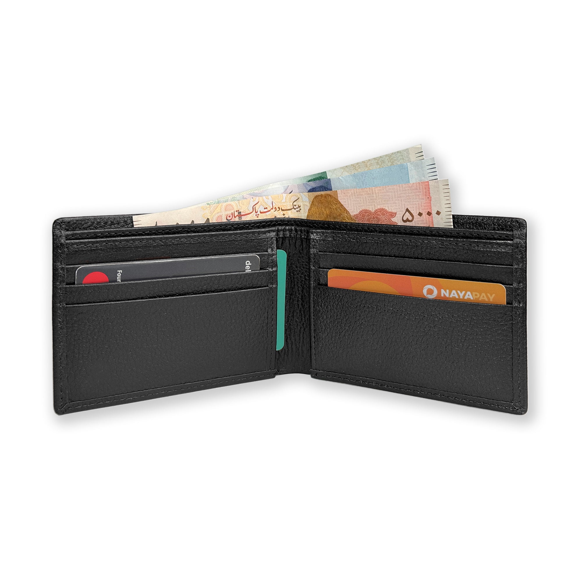 Black leather wallet with cards and money on a white background