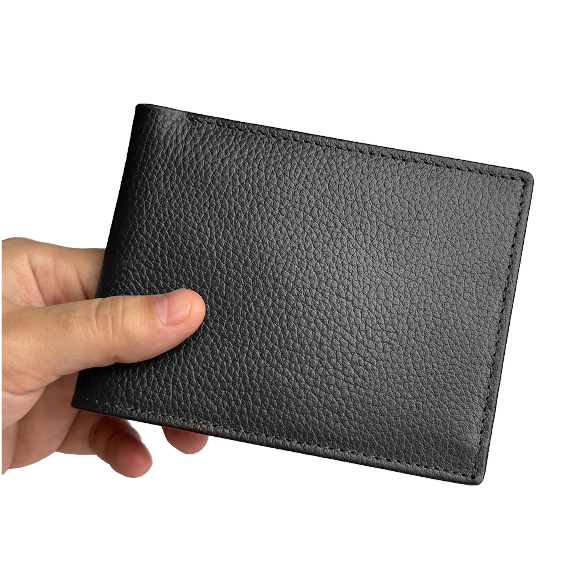 Black leather wallet held by a hand on a white background