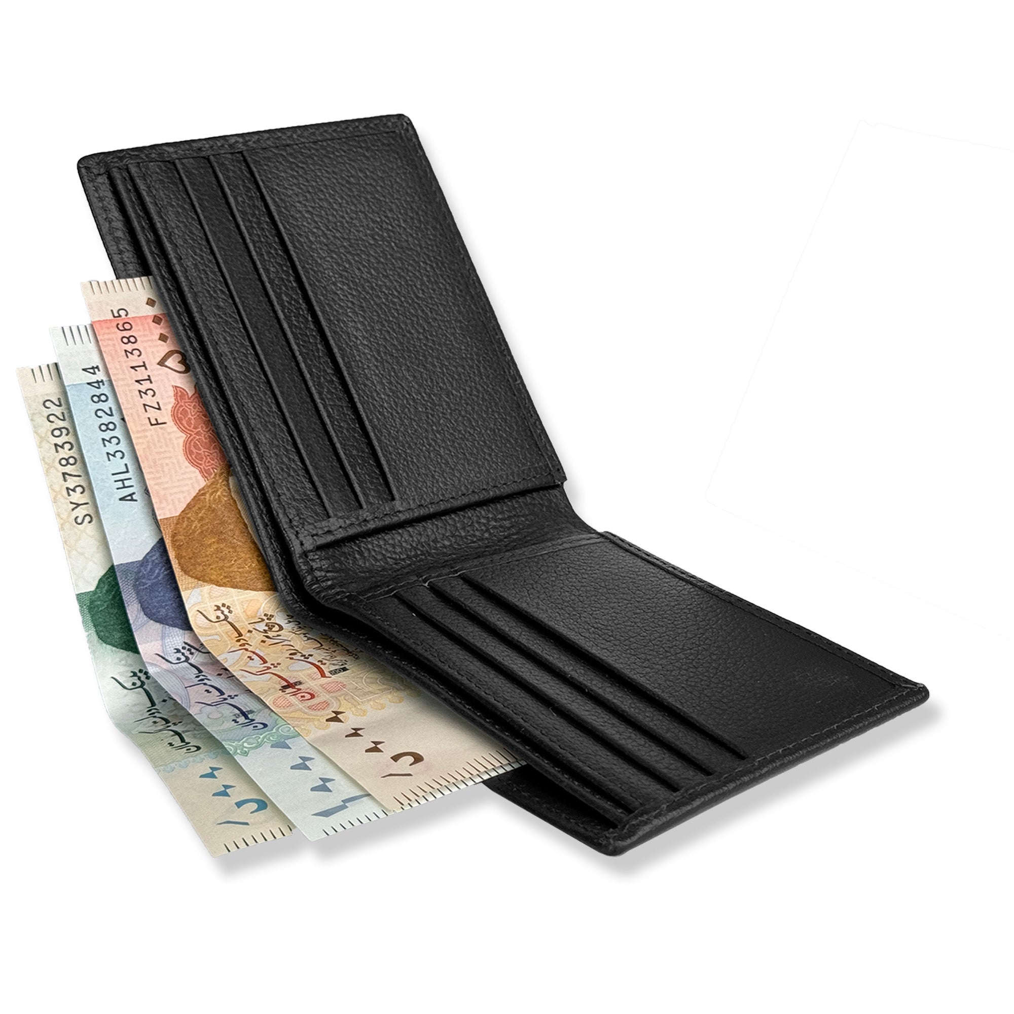 Black wallet with cards on a white background