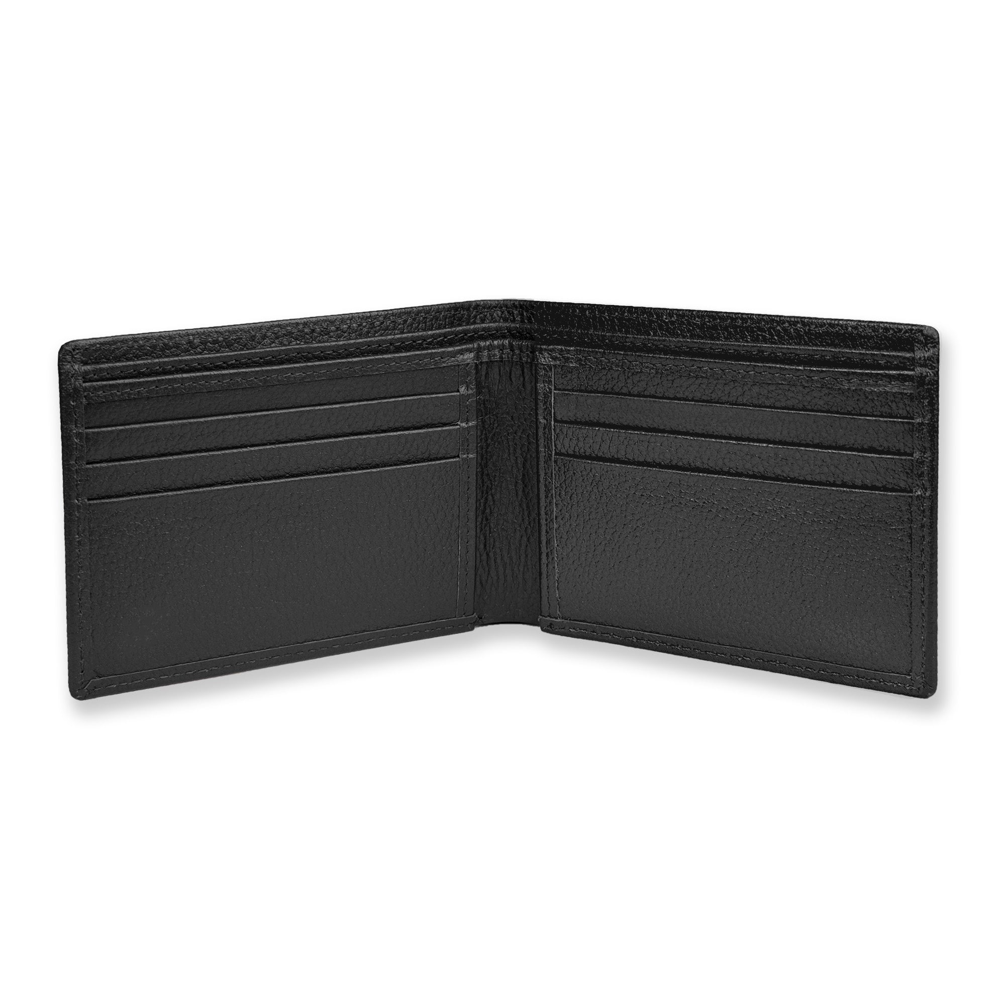 Black leather wallet open on a white background