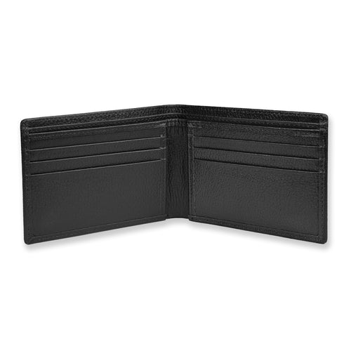 Black leather wallet open on a white background