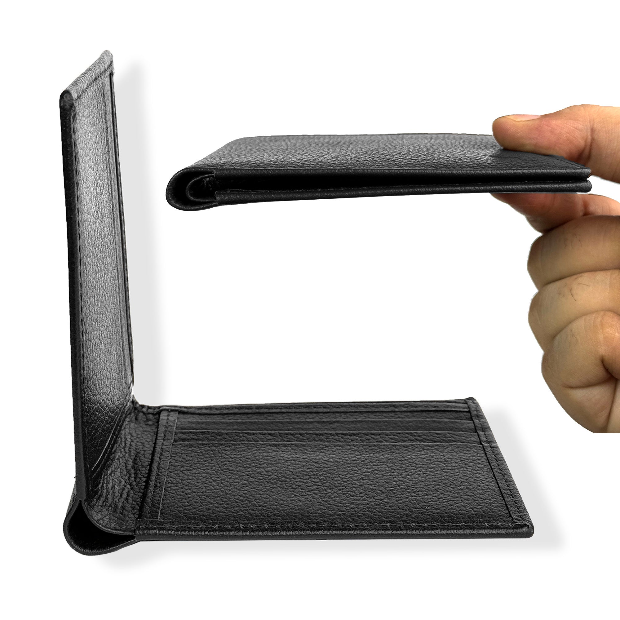 Black leather wallet held by a hand on a white background