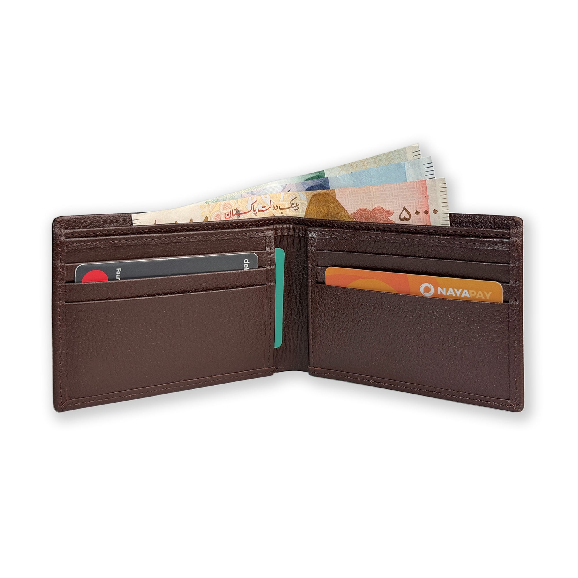 Brown leather wallet with card slots and currency notes on a white background