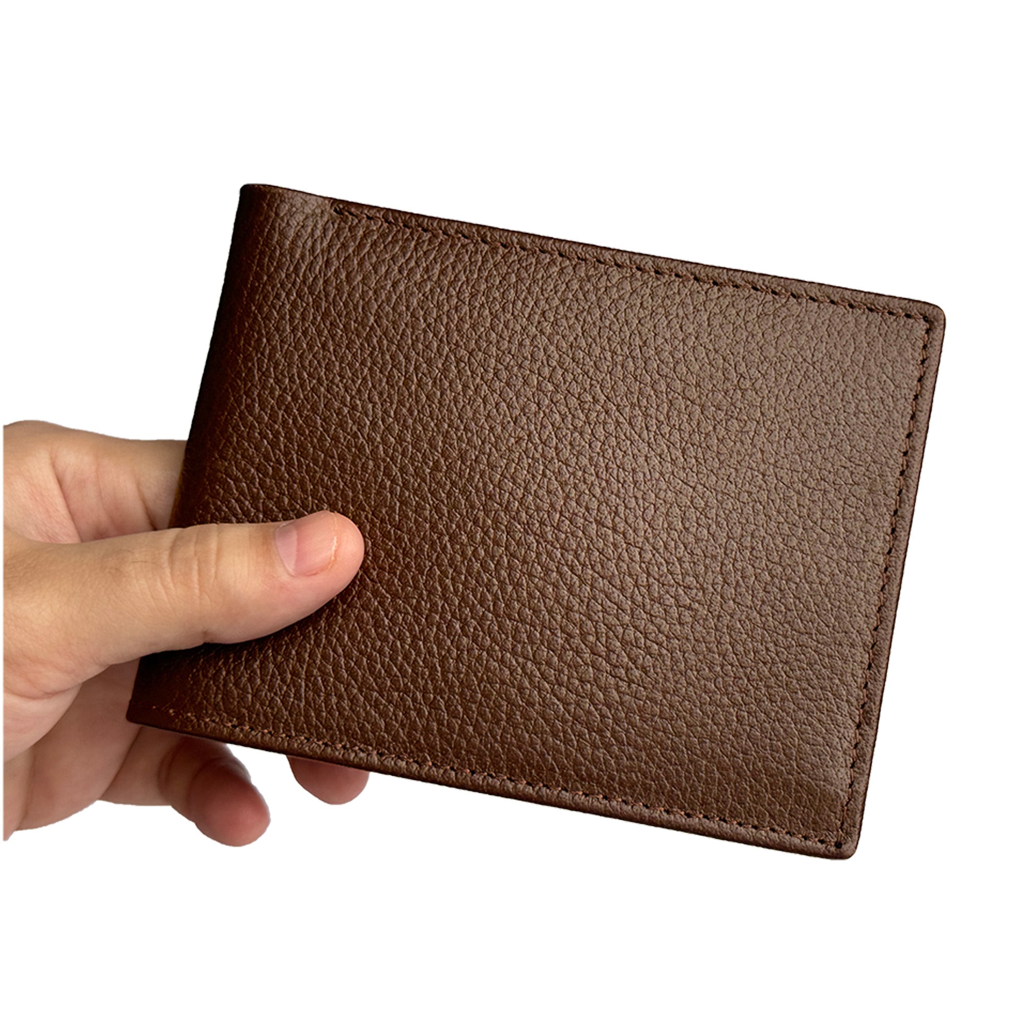 Brown leather wallet held by a hand on a white background
