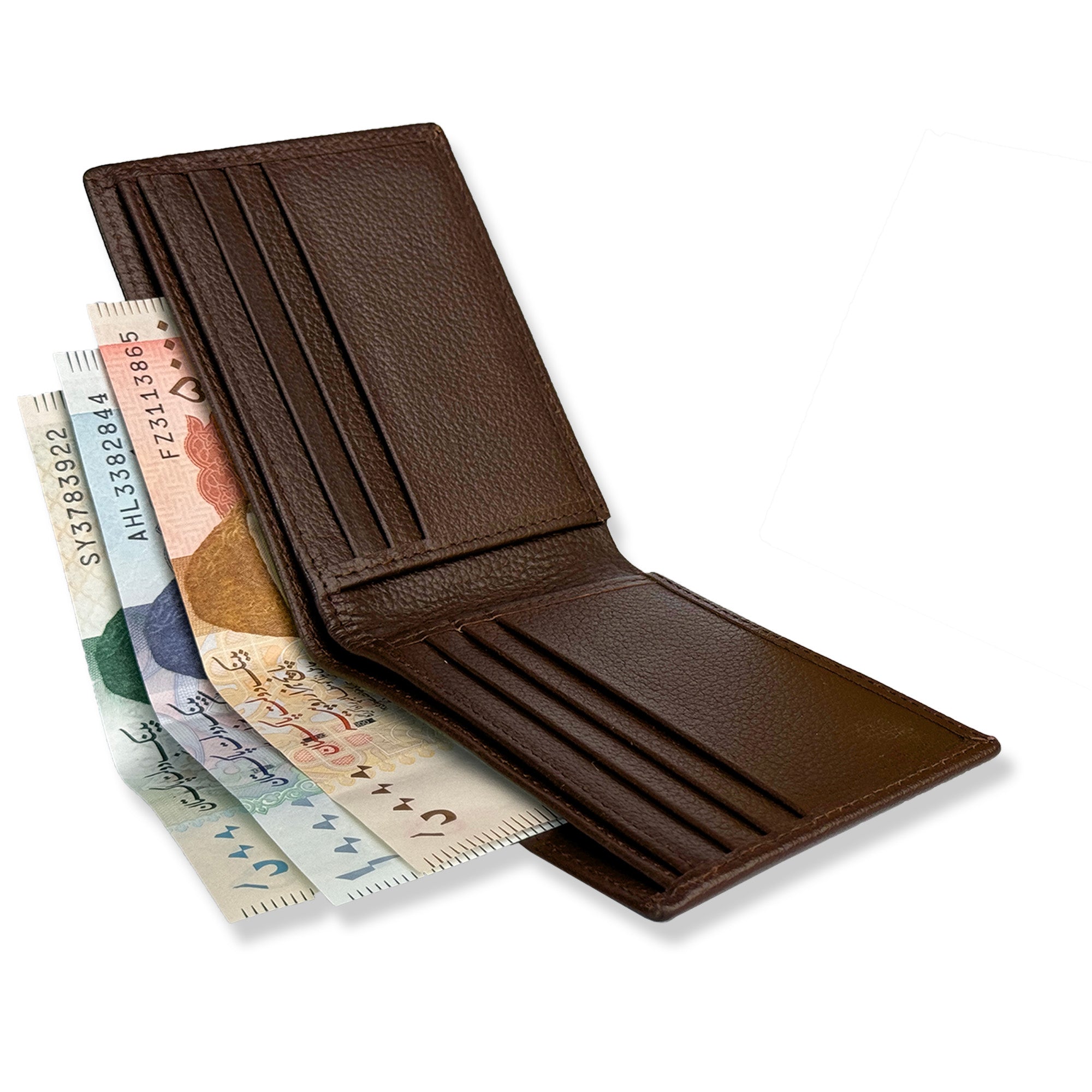 Brown leather wallet with multiple card slots and a billfold section on a white background