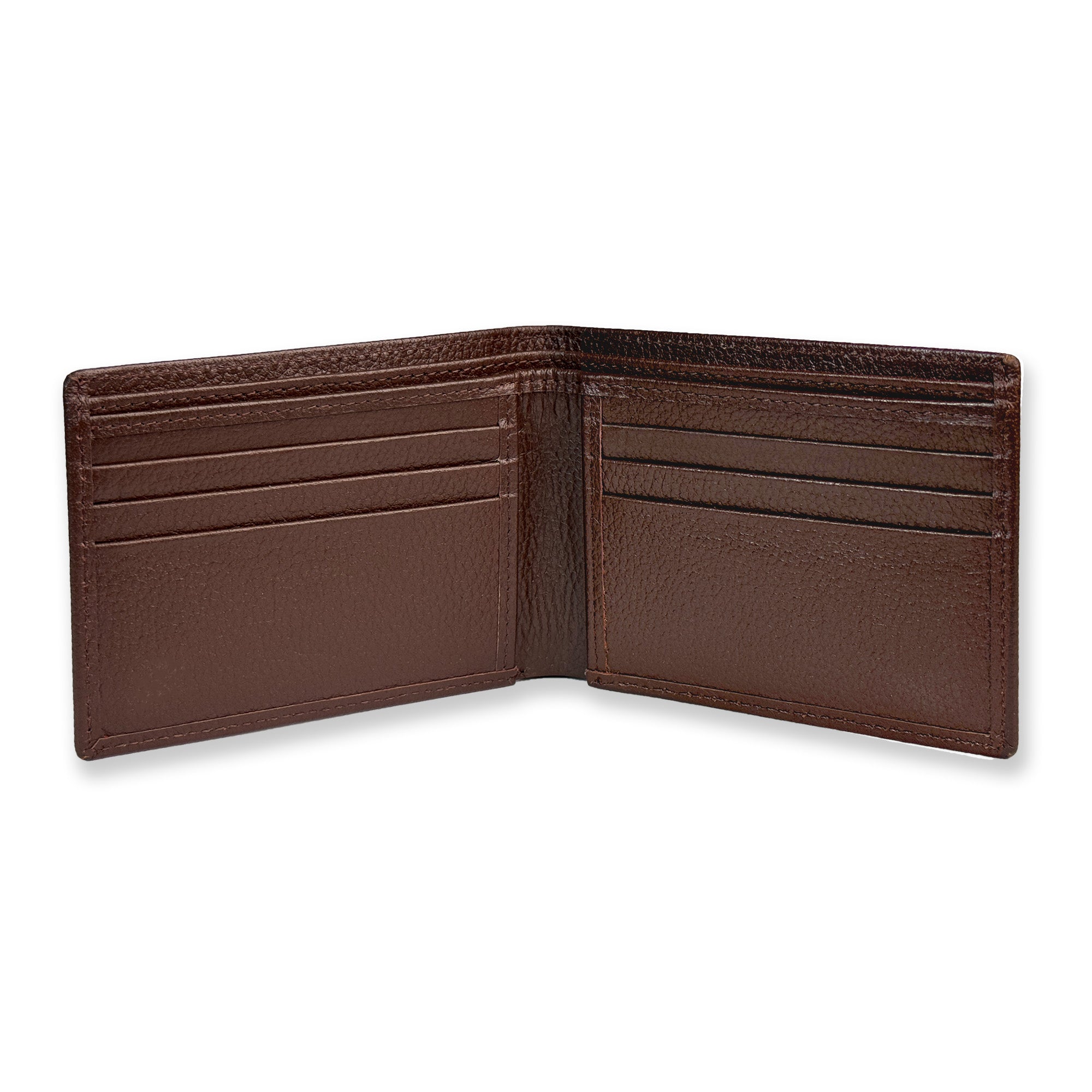 Brown leather wallet open on a white background