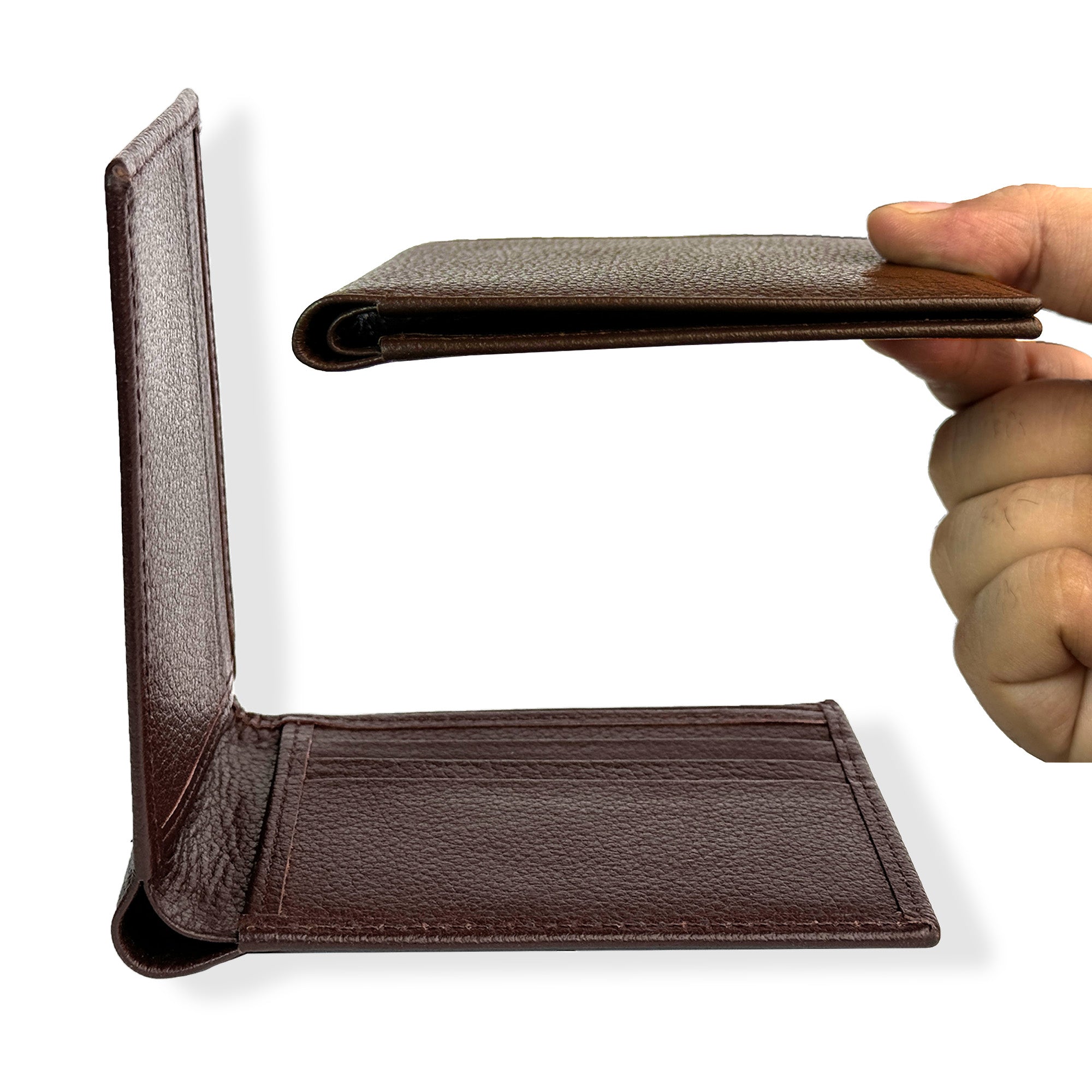Brown leather wallet held by a hand on a white background