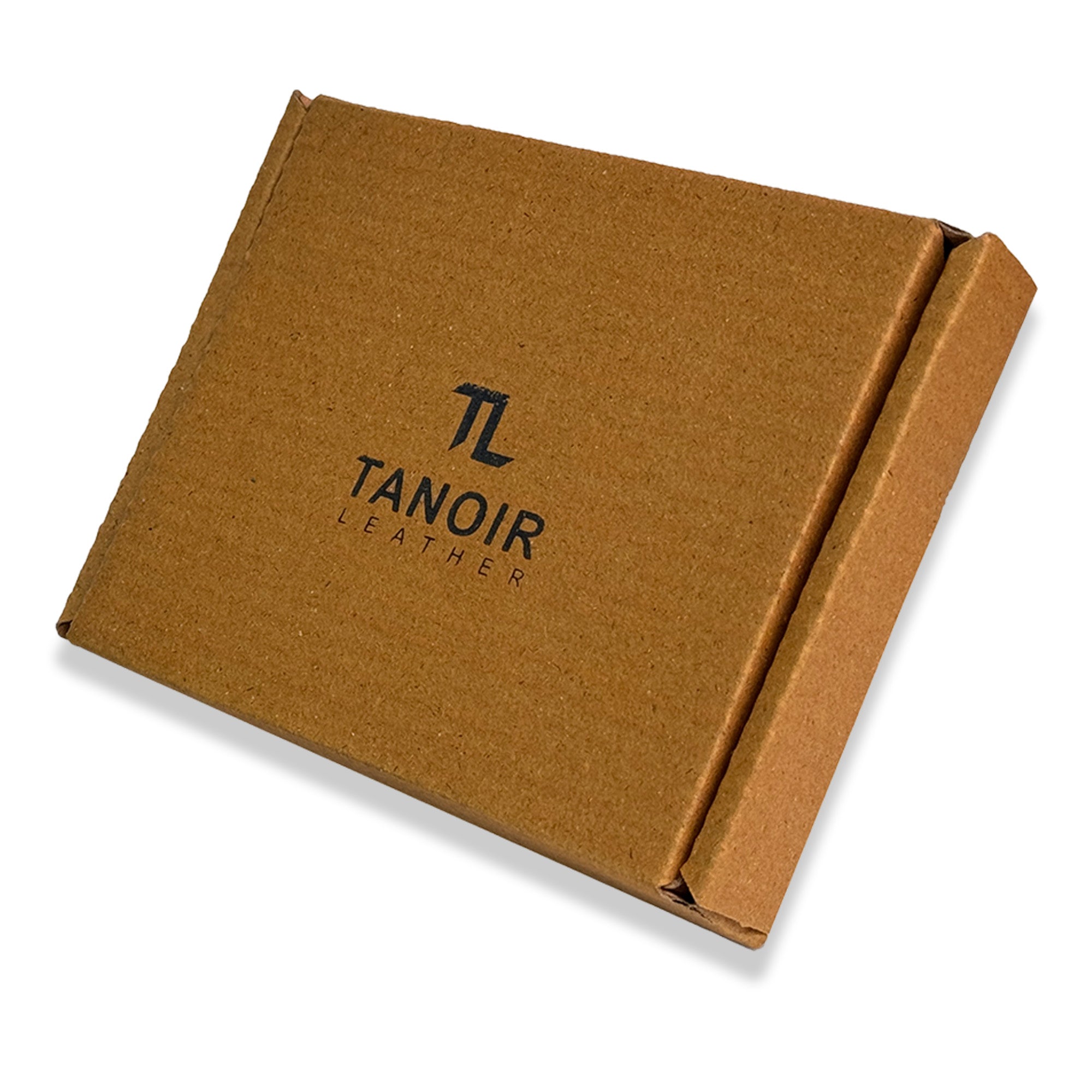 Brown leather box with Tanoir Leather logo on a white background